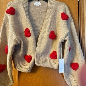 Luna Off Beige Cardigan with Red Heart Accents